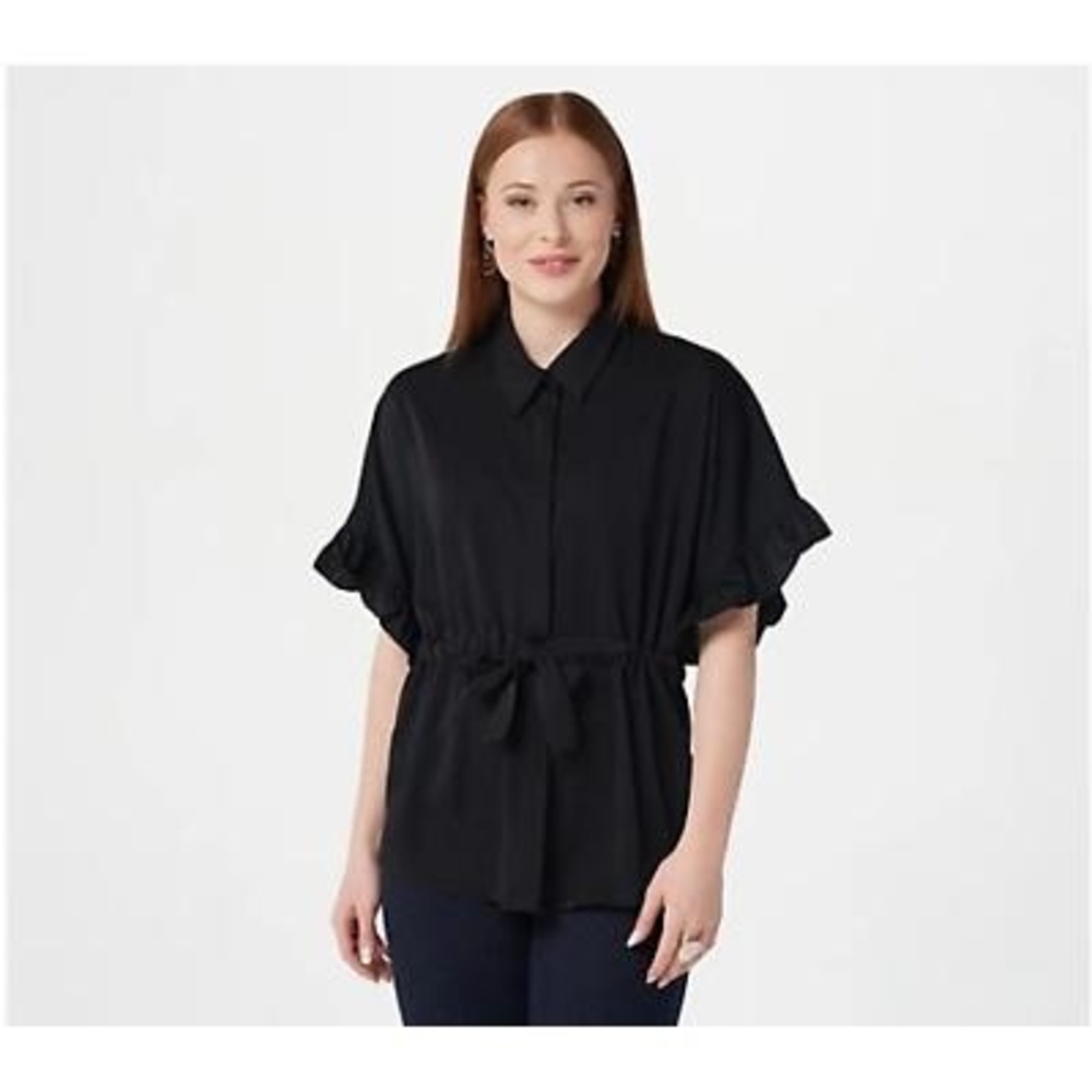 Bishop Young Woven Black Short Sleeve Tie Front Top Size Extra Large